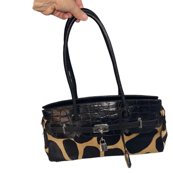 Womens Shoulder HandBag Brown Cowhide Hair Croc Embossed Leather Made In Italy - Picture 1 of 16